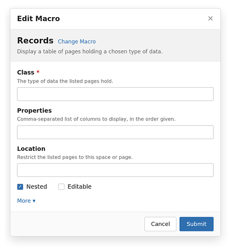 The Records macro dialog with empty Class, Properties and Location text fields.