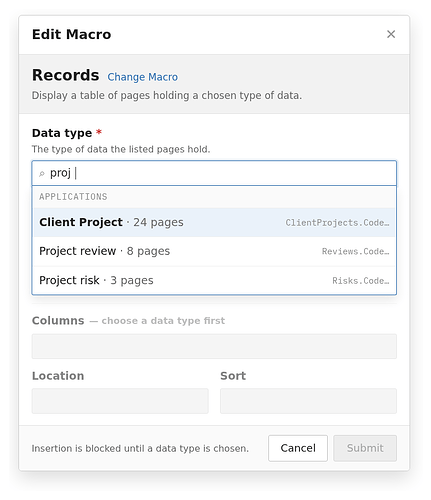 The Records macro dialog with an XClass picker open, showing search results for “proj” listing the Client Project, Project review and Project risk applications.