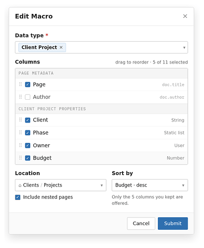 The same dialog with Client Project selected, showing a column chooser grouped into page metadata and Client Project properties, with checkboxes and drag handles.