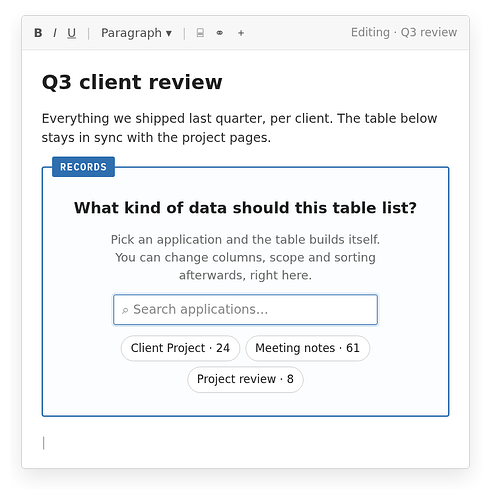 A wiki page in the editor containing an empty Records block that asks “What kind of data should this table list?” with an application search field and suggestions.