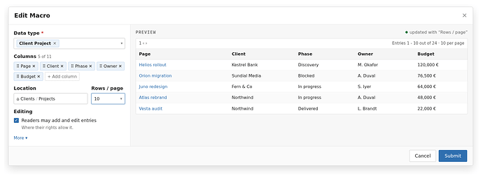 The Records macro dialog with the parameter form on the left and a preview pane on the right rendering the resulting Live Data table.