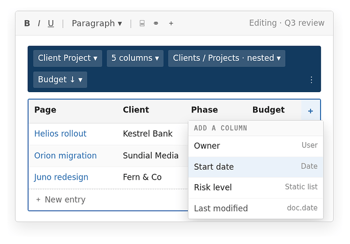 The same page with the table configured, a toolbar of parameter controls above it, and an “Add a column” menu open from the table header.