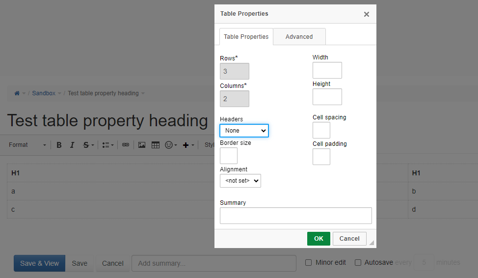 Table properties headers first row or both is not read out